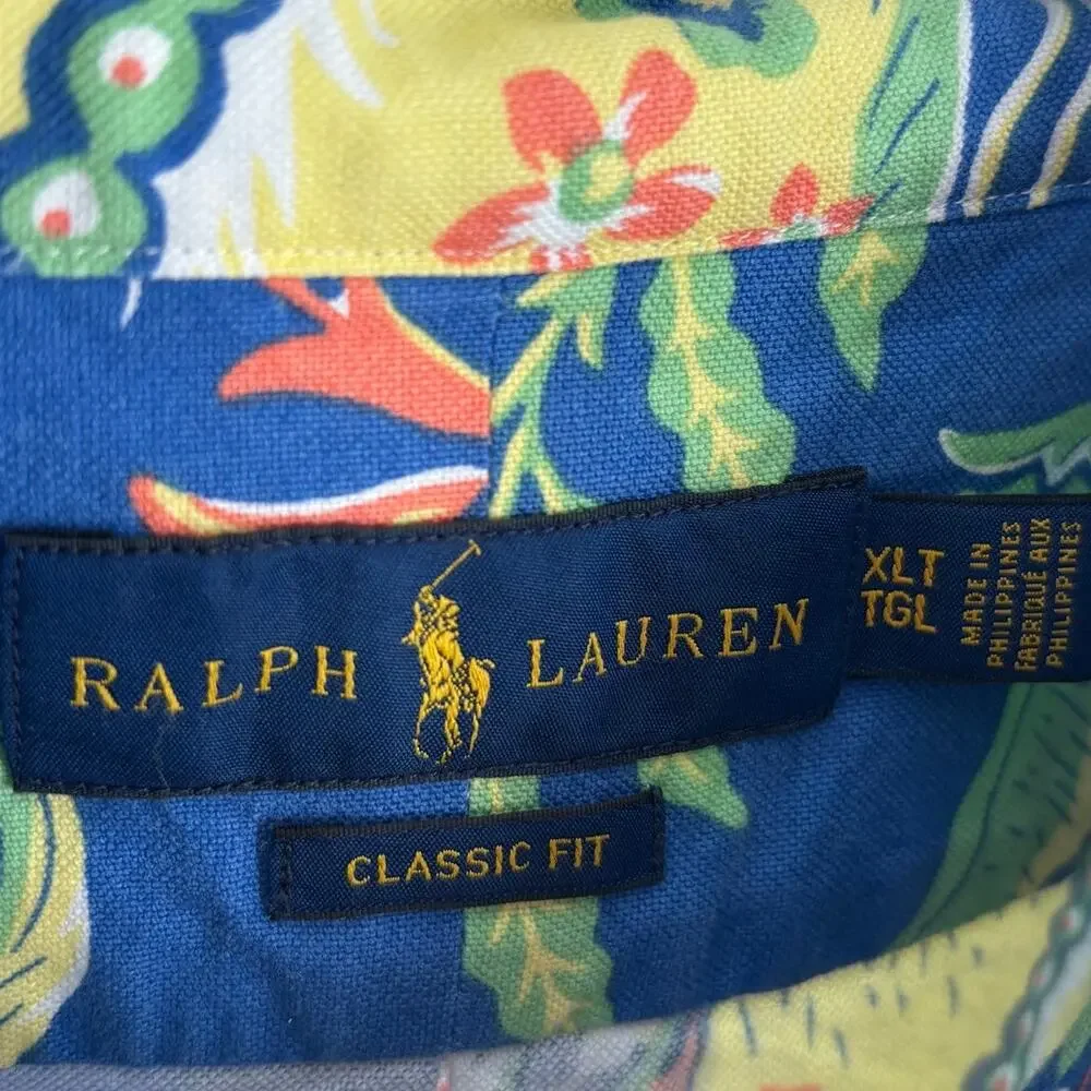 Ralph Lauren Blue Hawaiian Floral Tropical Button Down Shirt